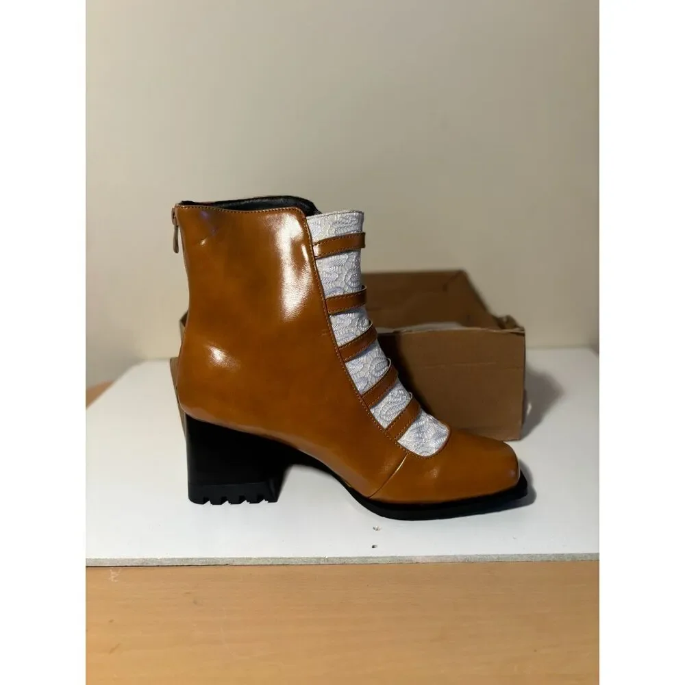 Caramel Patent Ankle Boots Silver Lace Strap Lug Sole Size 11